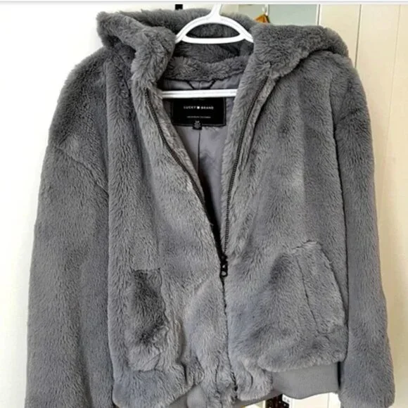 LUCKY BRAND SILKY SOFT HOODED ❄️FAUX FUR❄️ BOMBER JACKET in Dove Grey S - Picture 2 of 3